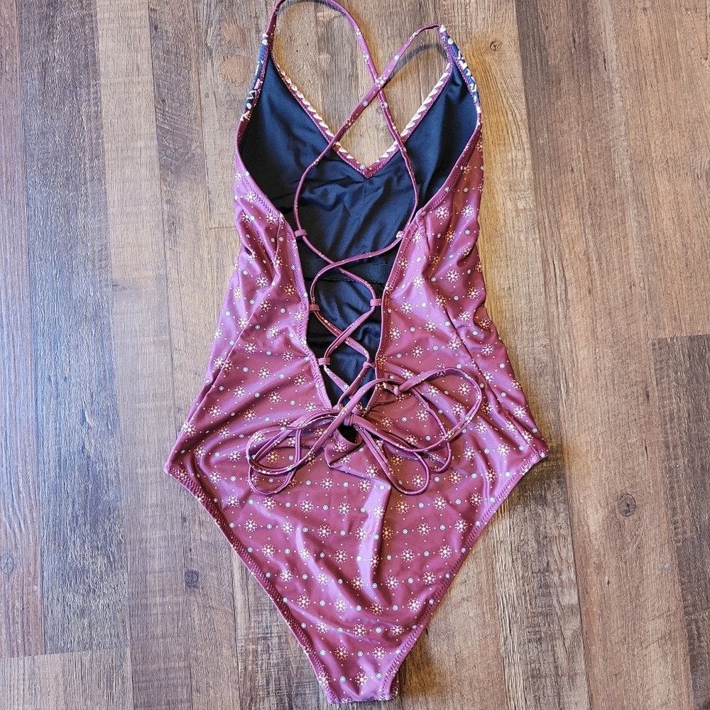 Cupshe Never Separate Burgundy Tribal Print Lace Up Back One-Piece Swimsuit - Picture 4 of 11